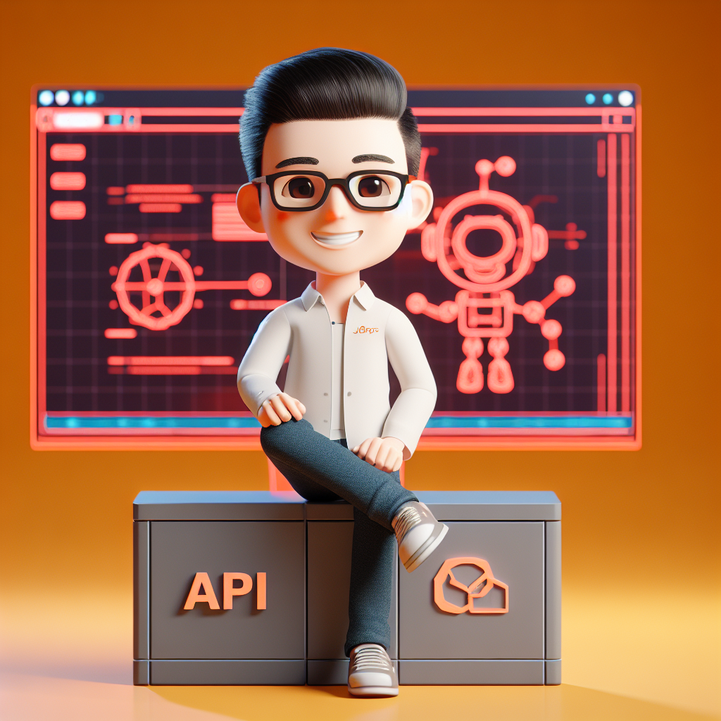 imagen animada 3D de un hombre sentado sobre un cubo con el logo de API y fondo de un laptop